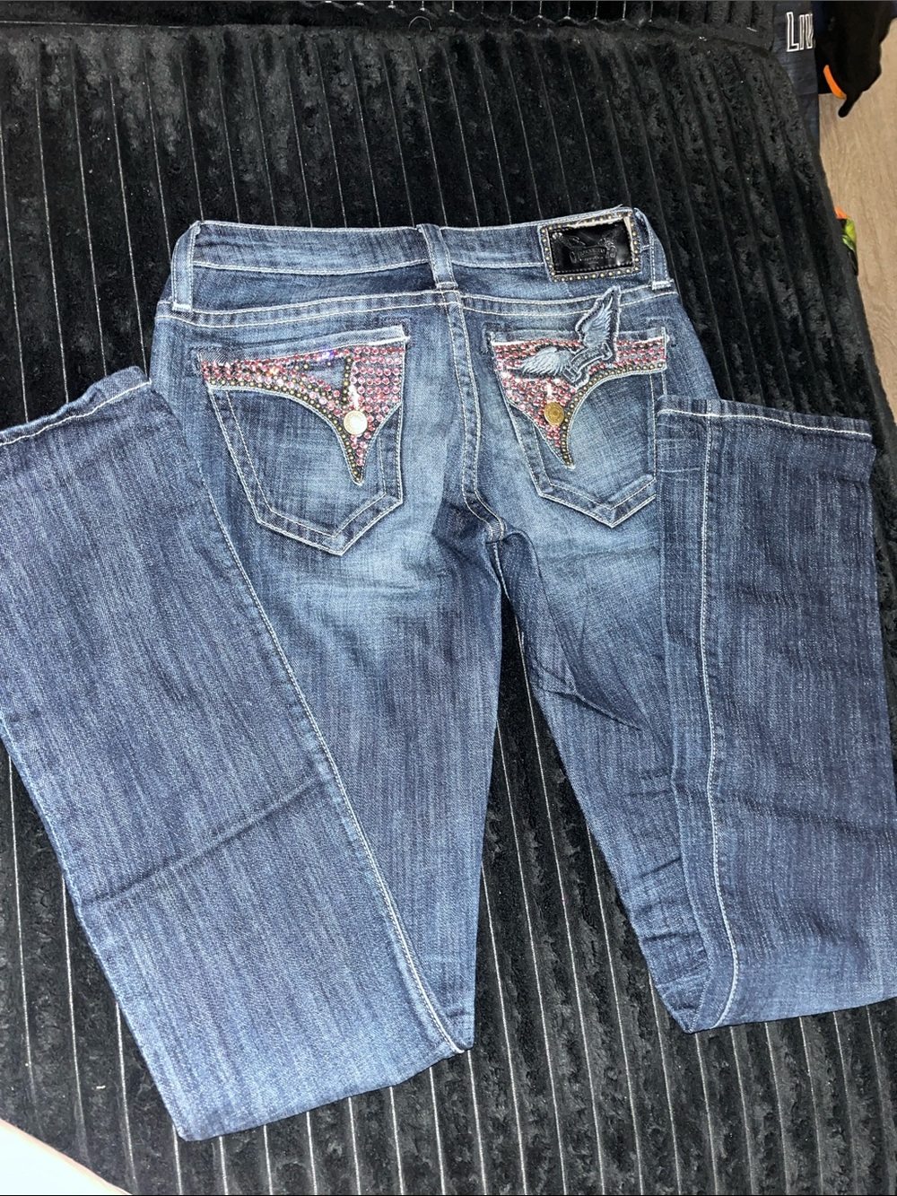 Robins Jean Women's Blue Bootcut Jeans with Embellished Pink Back Pockets